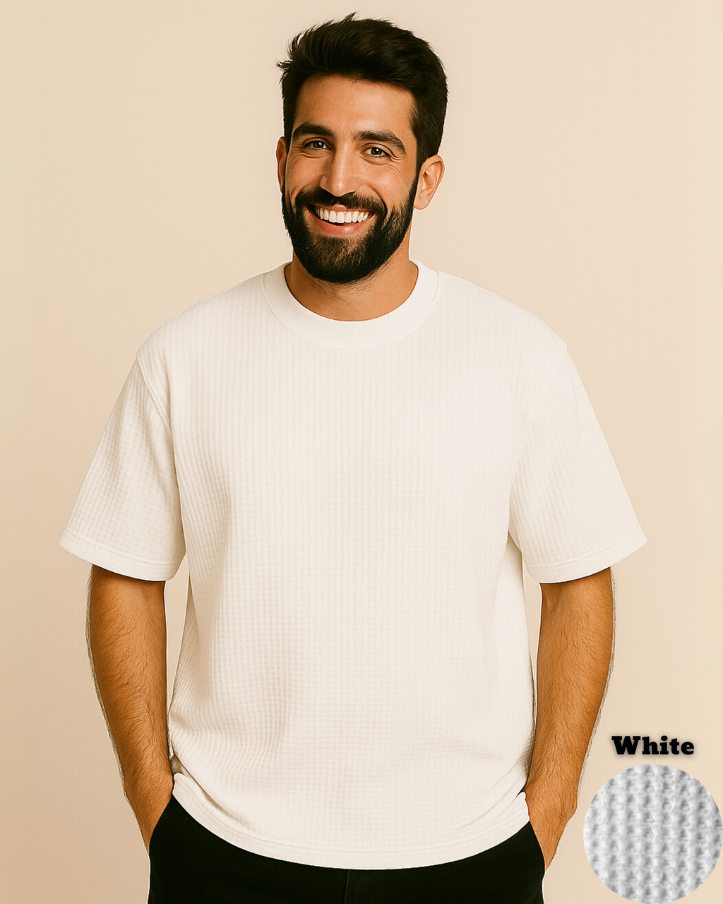 Oversized Waffle Knit T-Shirt for Men – White