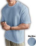 Oversized Waffle Knit T-Shirt for Men – Sky Blue