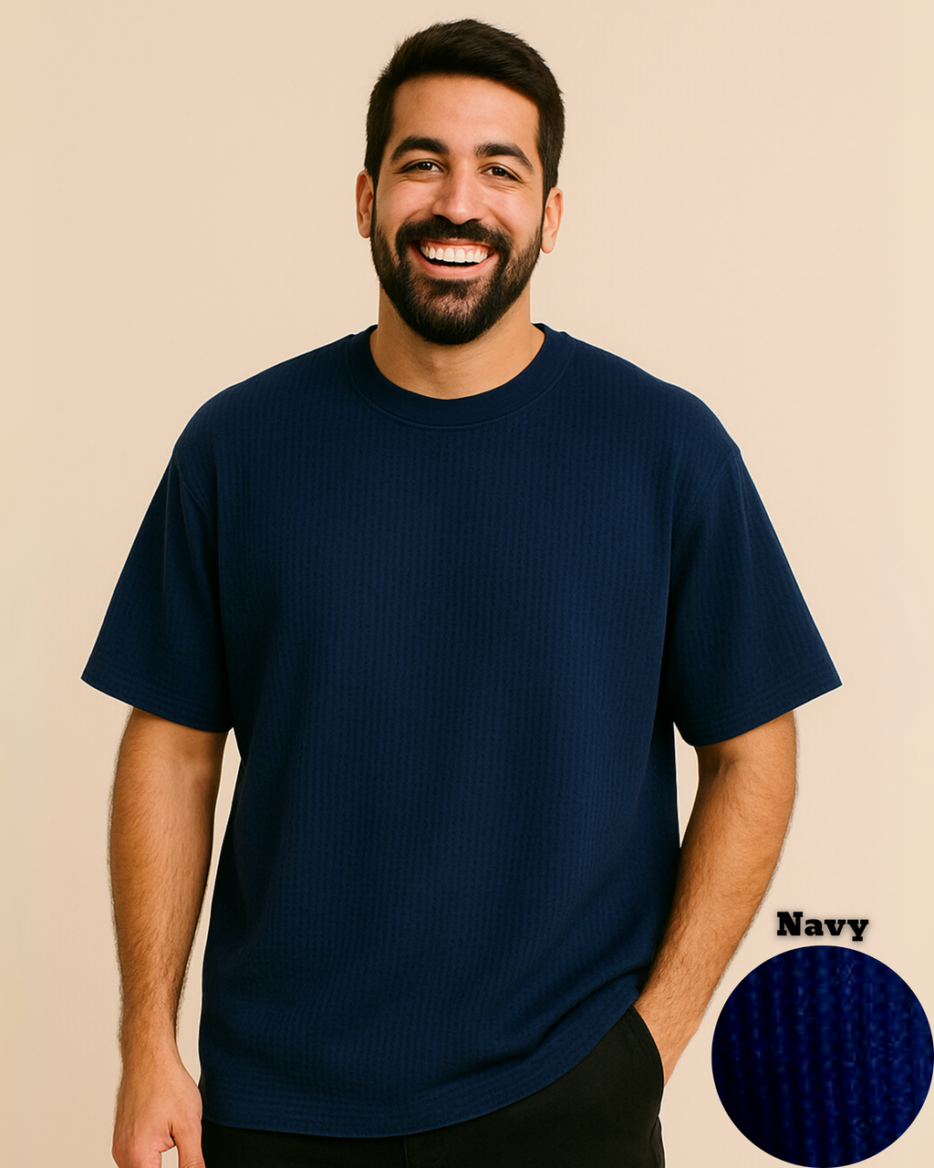Oversized Waffle Knit T-Shirt for Men – Navy