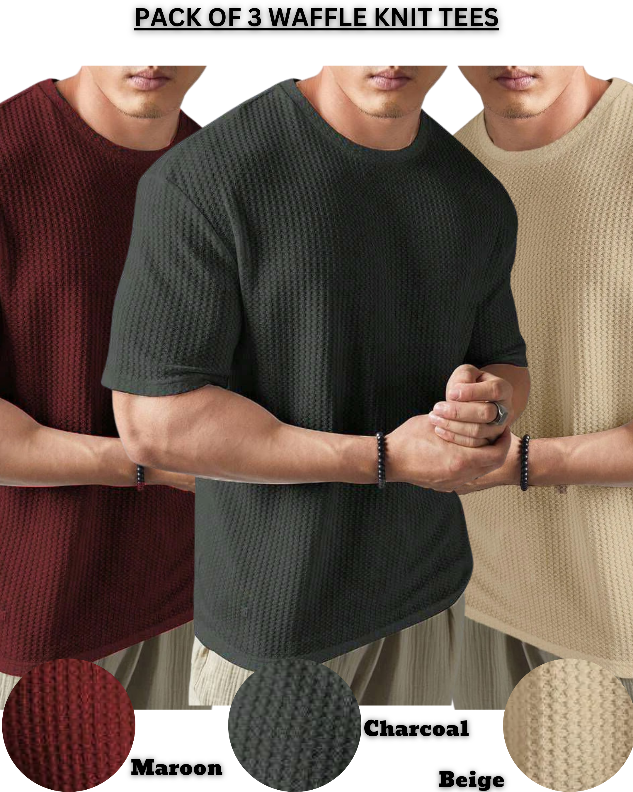 Pack of 3 – Oversized Waffle Knit T-Shirts for Men