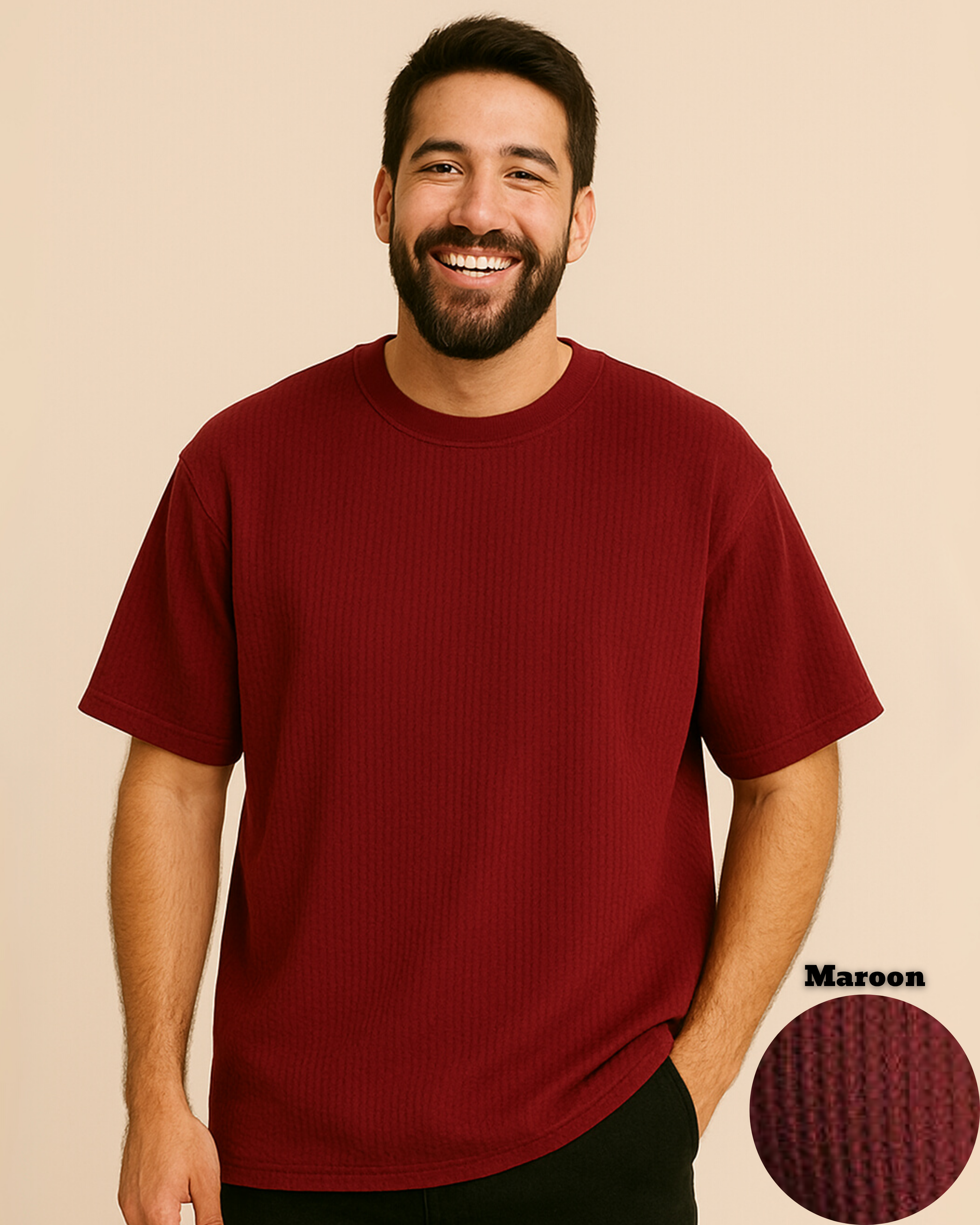 Oversized Waffle Knit T-Shirt for Men – Maroon