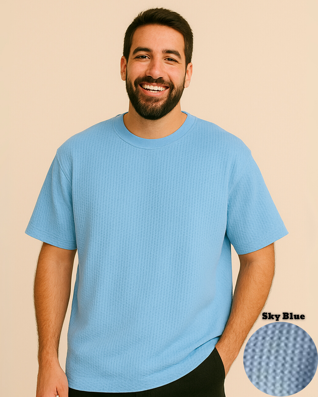 Oversized Waffle Knit T-Shirt for Men – Sky Blue
