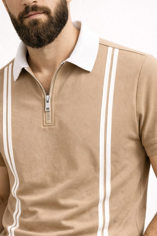 Men’s Beige Zipper Stripe Polo Shirt