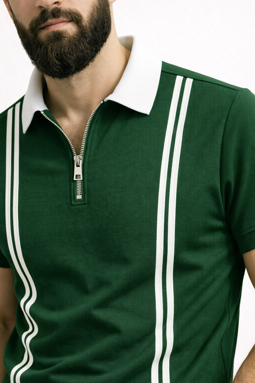 Men’s Green Zipper Stripe Polo Shirt