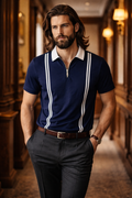 Men’s Navy Blue Zipper Stripe Polo Shirt