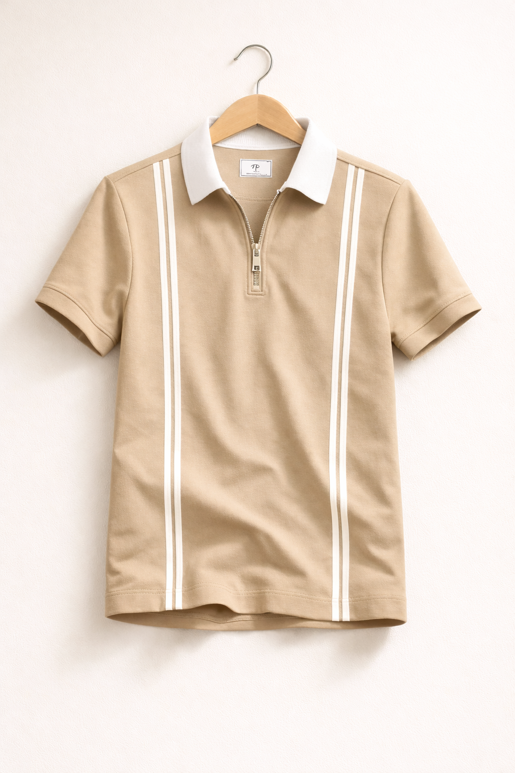 Men’s Beige Zipper Stripe Polo Shirt