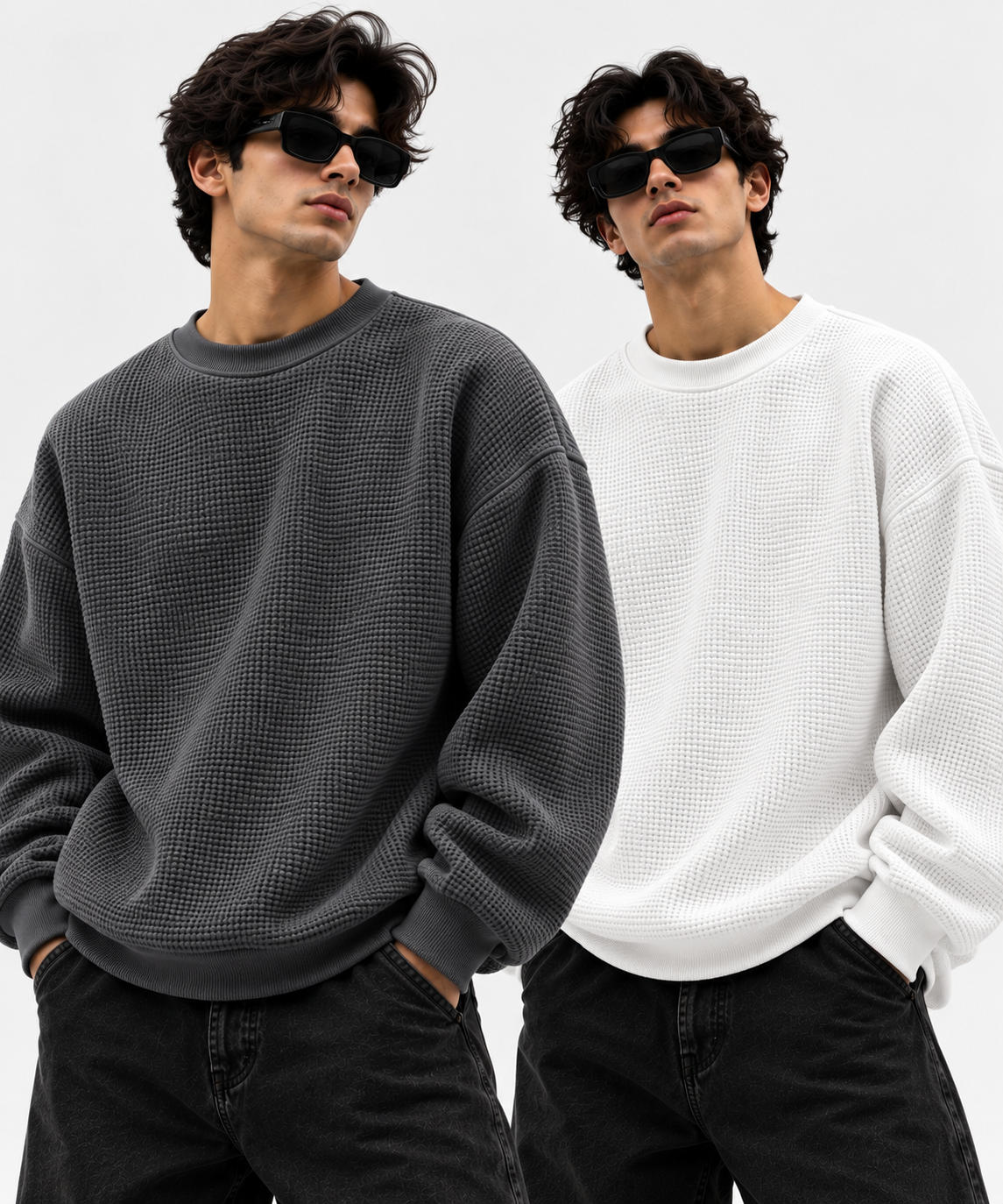 Pack of 2 Charcoal & White Waffle-Knitted Sweatshirts