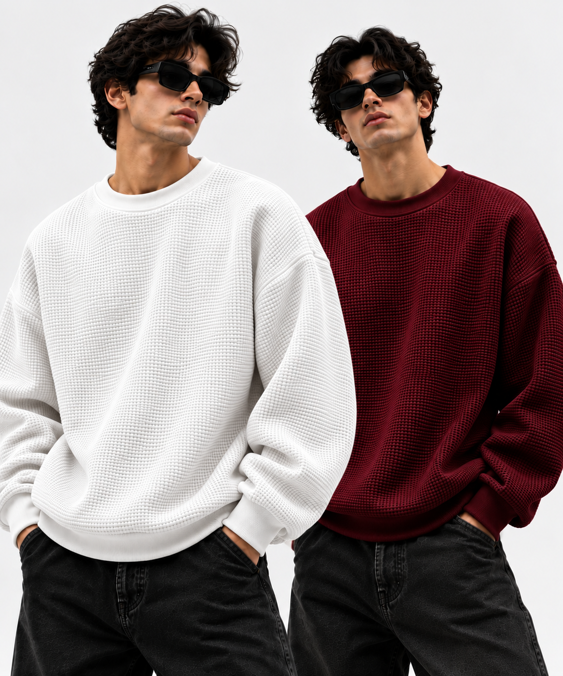 Pack of 2 White & Maroon Waffle-Knitted Sweatshirts