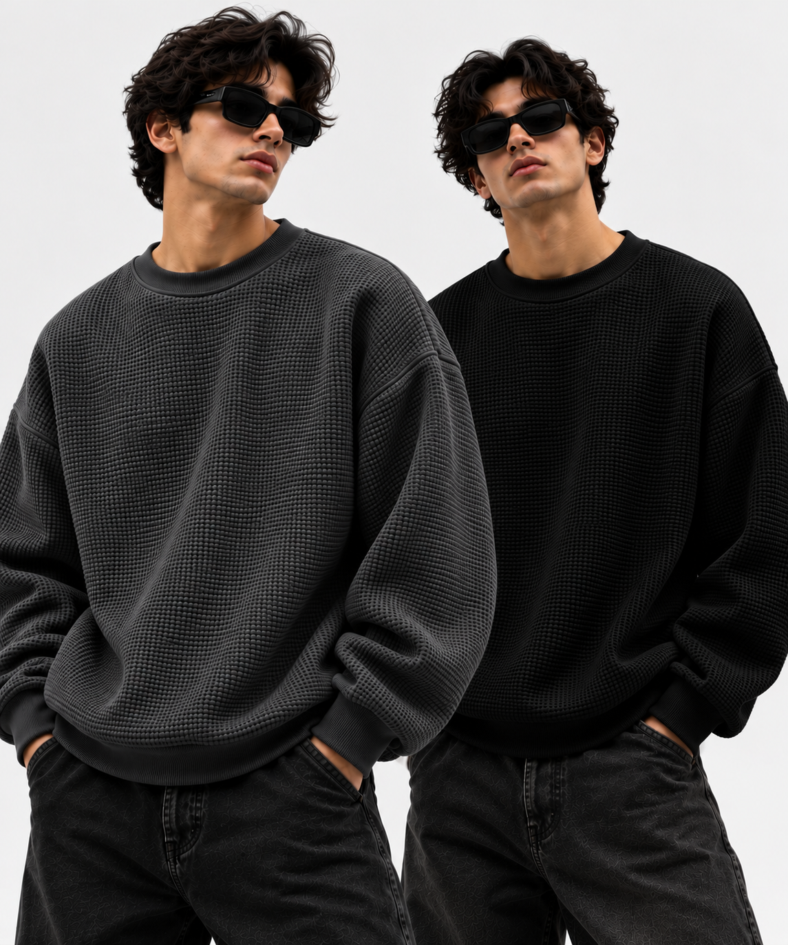 Pack of 2 Black & Charcoal Waffle-Knitted Sweatshirts