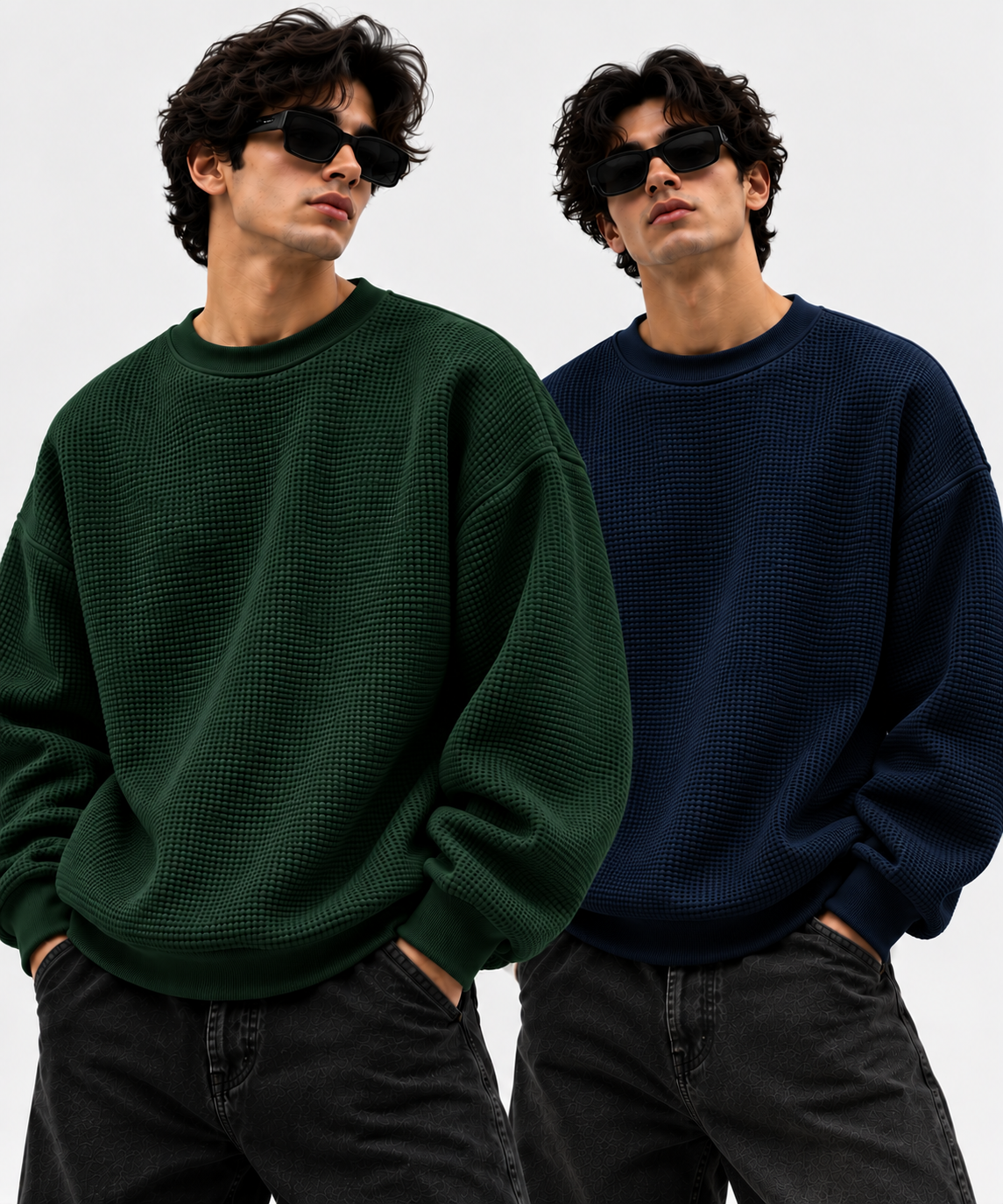 Pack of 2 Blue & Green Waffle-Knitted Sweatshirts