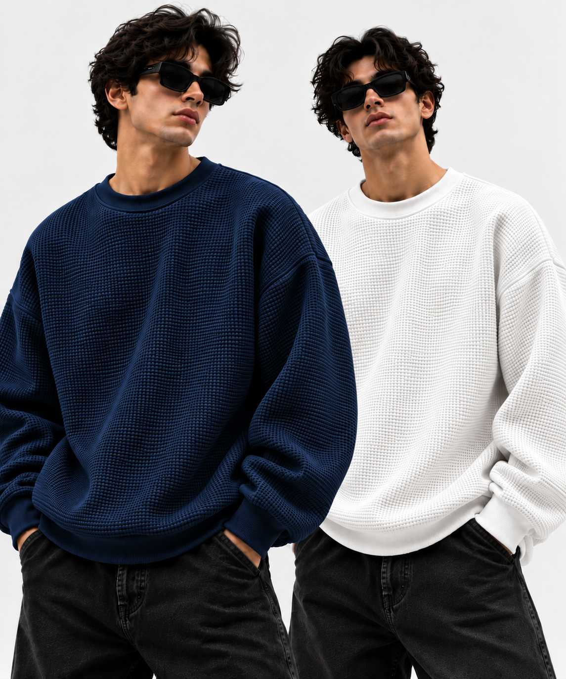 Pack of 2 Blue & White Waffle-Knitted Sweatshirts