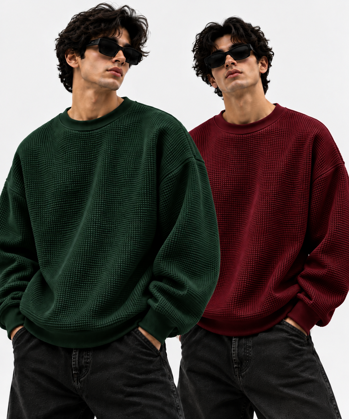 Pack of 2 Maroon & Green Waffle-Knitted Sweatshirts