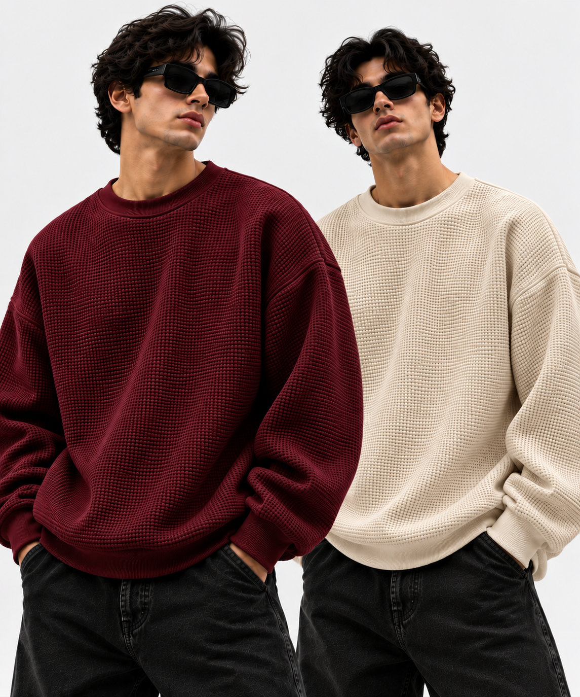 Pack of 2 Maroon & Beige Waffle-Knitted Sweatshirts