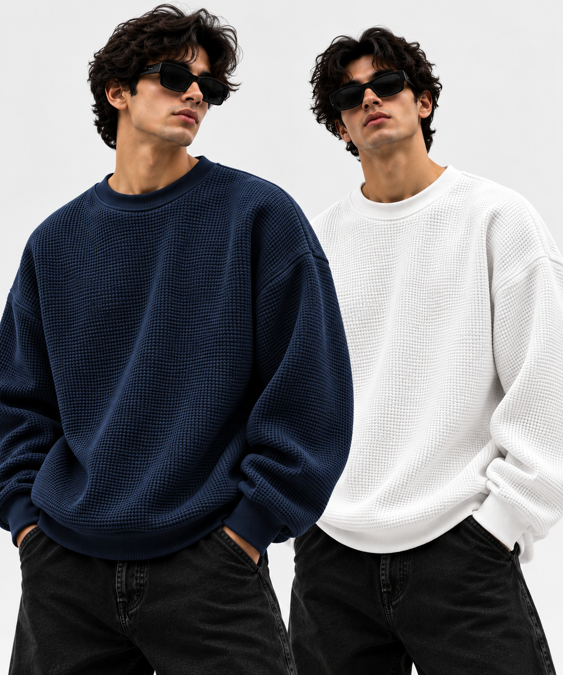 Pack of 2 Blue & White Waffle-Knitted Sweatshirts