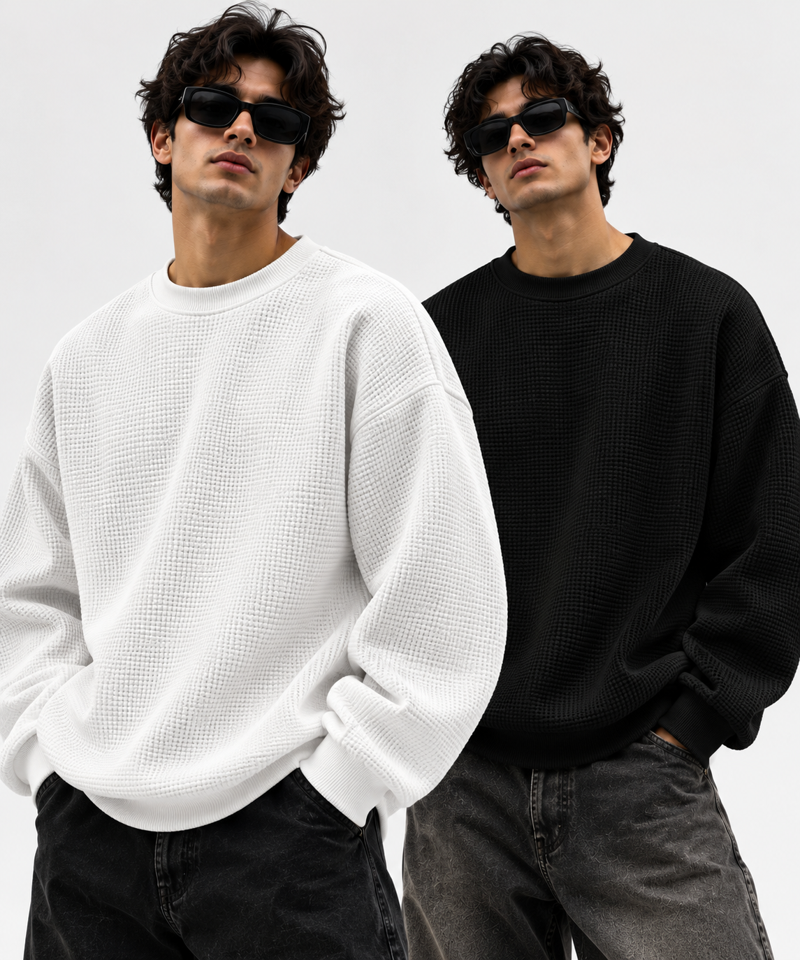 Pack of 2 Black & White Waffle-Knitted Sweatshirts