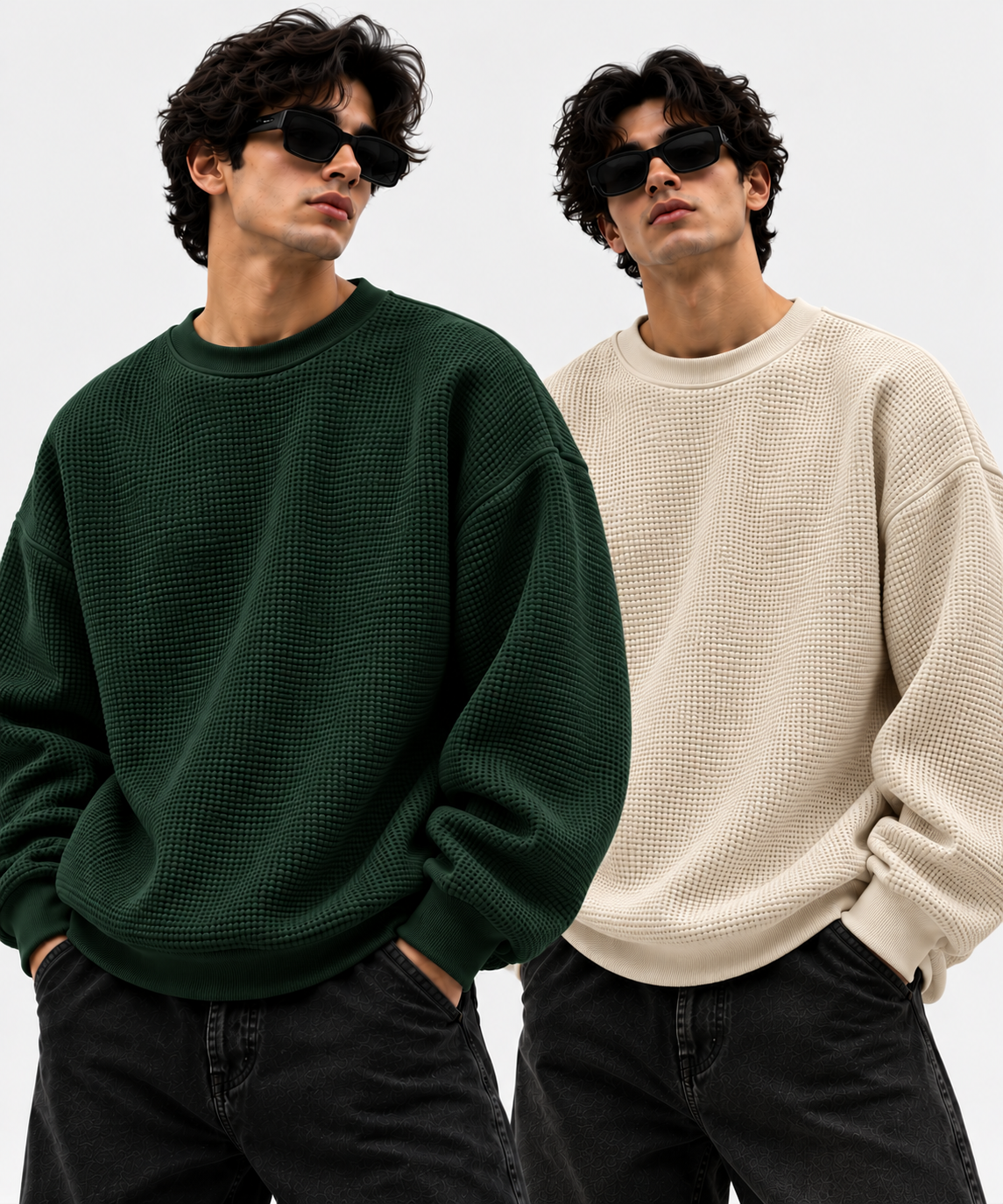 Pack of 2 Green & Beige Waffle-Knitted Sweatshirts